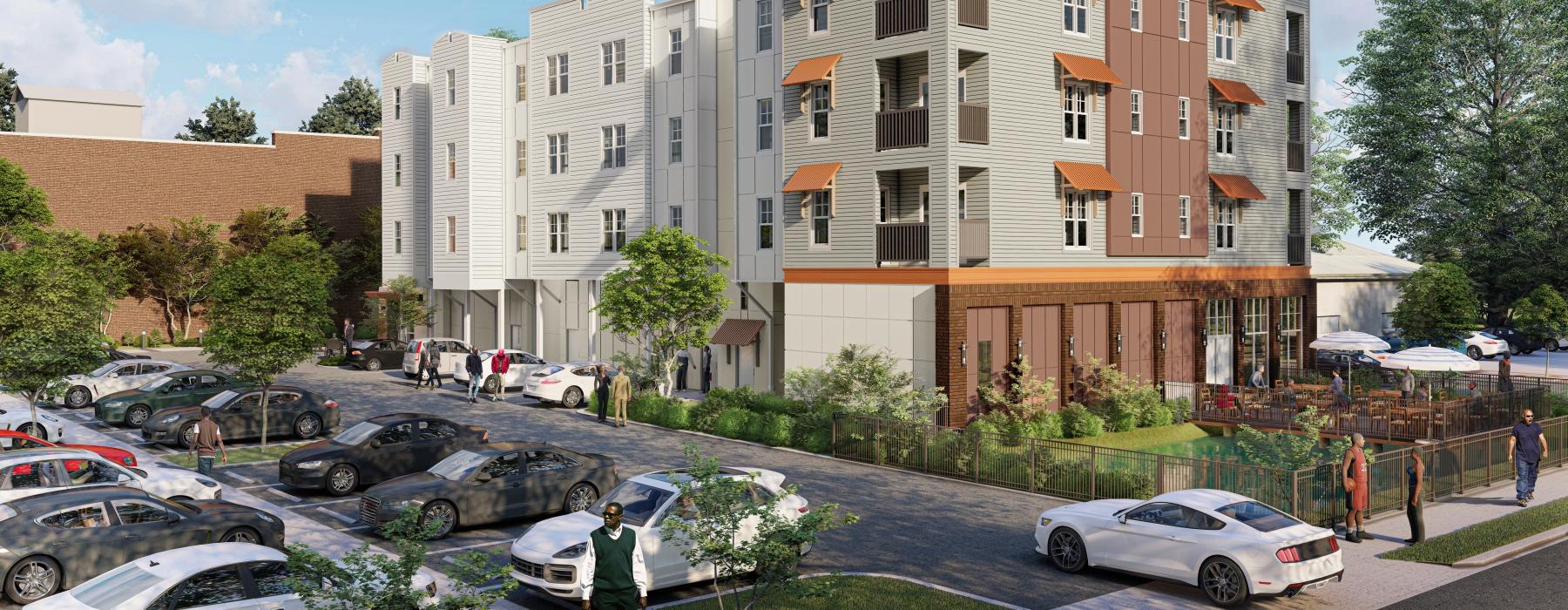 a building with cars parked in front