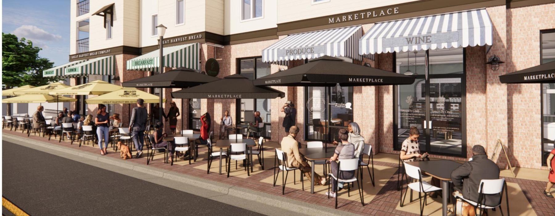 people sitting at tables outside a building
