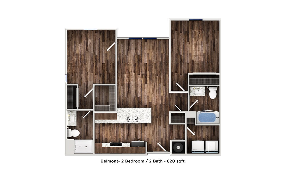 Belmont - 2 bedroom floorplan layout with 2 bath and 815 to 820 square feet (1st floor 2D)