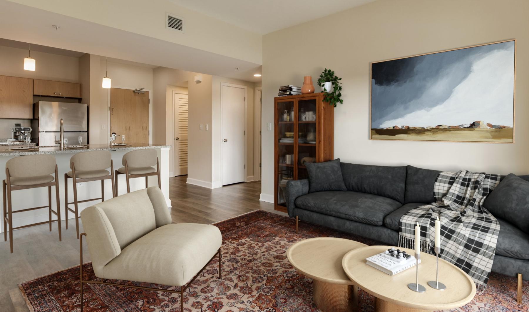a living room with a couch and a table